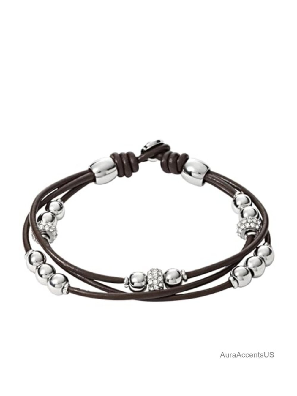 Fossil Leather Wrap Bracelet Stainless Steel Women's Wrist Wrap
